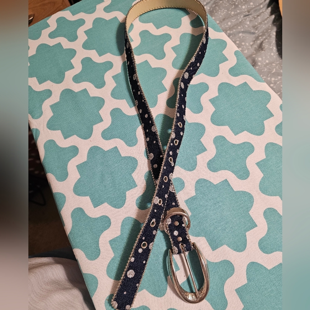 Western Glam Blue Denim & Silver Glitter Belt with Ball Chain Trim - Max 35"